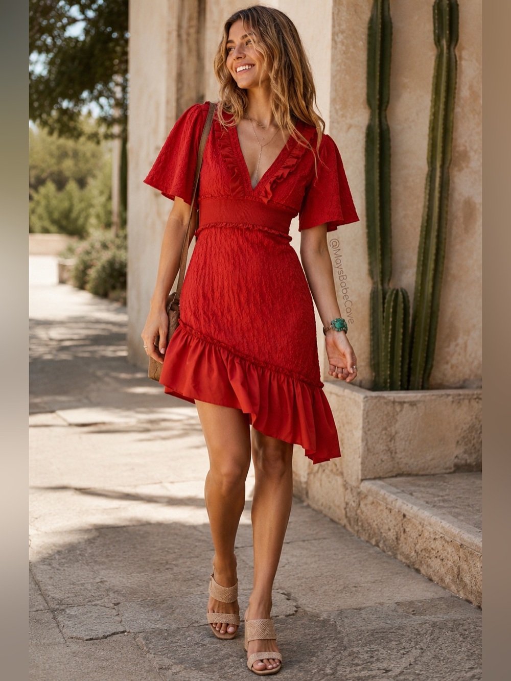 Finders Keepers Spicy Red Asymmetrical Ruffle Midi Dress